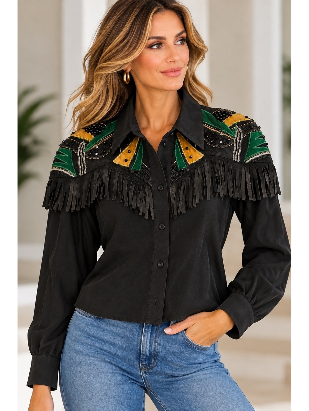 Vintage Cedars Silk & Leather Fringe Blouse